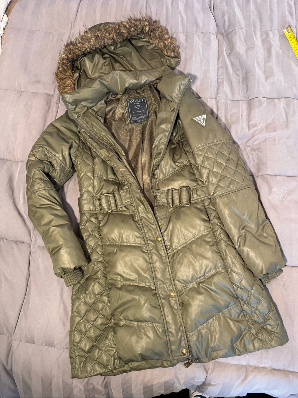 GUESS Olive Green Quilted Faux-Fur Hooded Puffer Coat